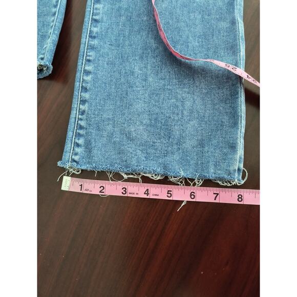 Express Cropped Flare Hi Rise Jeans Wmn's Sz 4 Frayed Stonewashed Stretch Denim - Picture 13 of 16